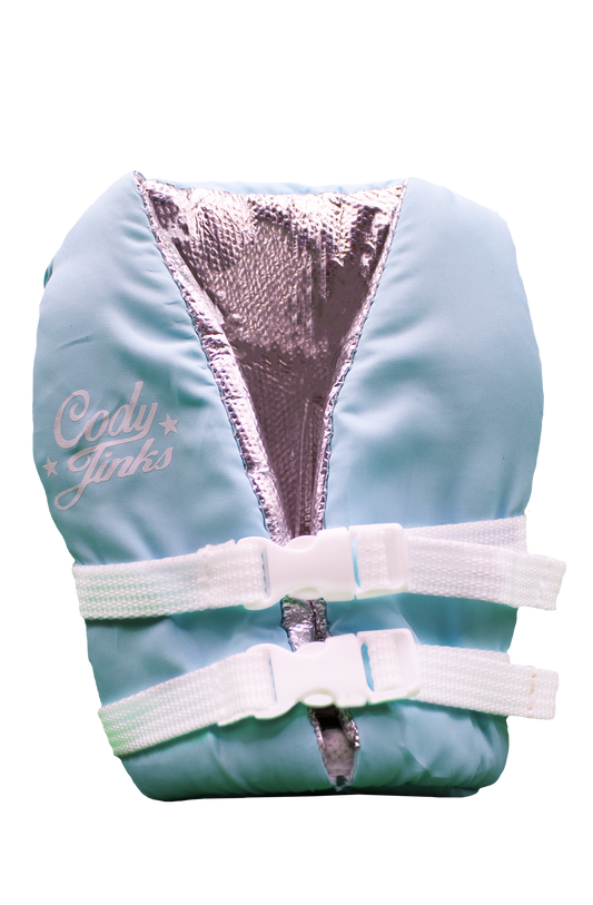 Script Teal Vest Can Koozie