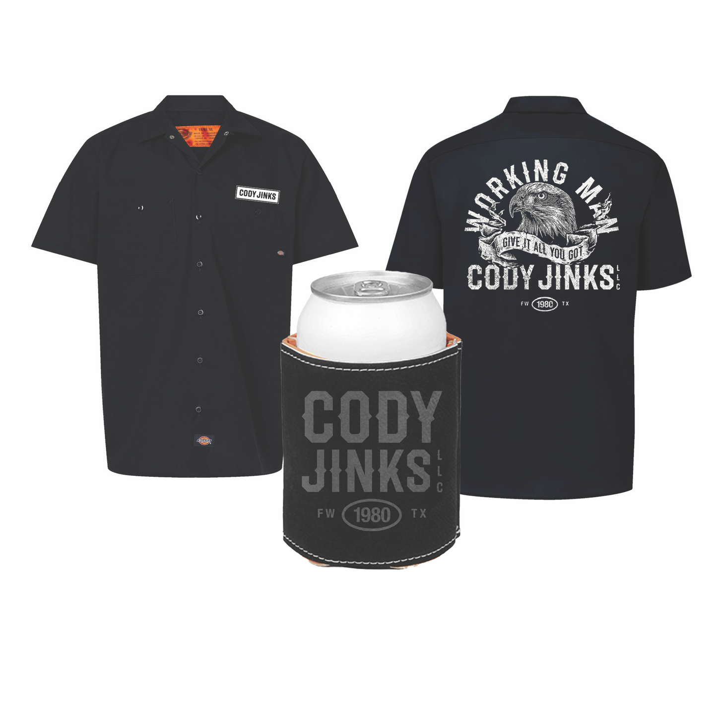 T-Shirt - Bundle: "Working Man" Dickies shirt & black faux leather koozie